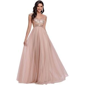Womens V Neck Sequin Tulle A Line Evening Formal Dress Bridesmaid Rose Gold